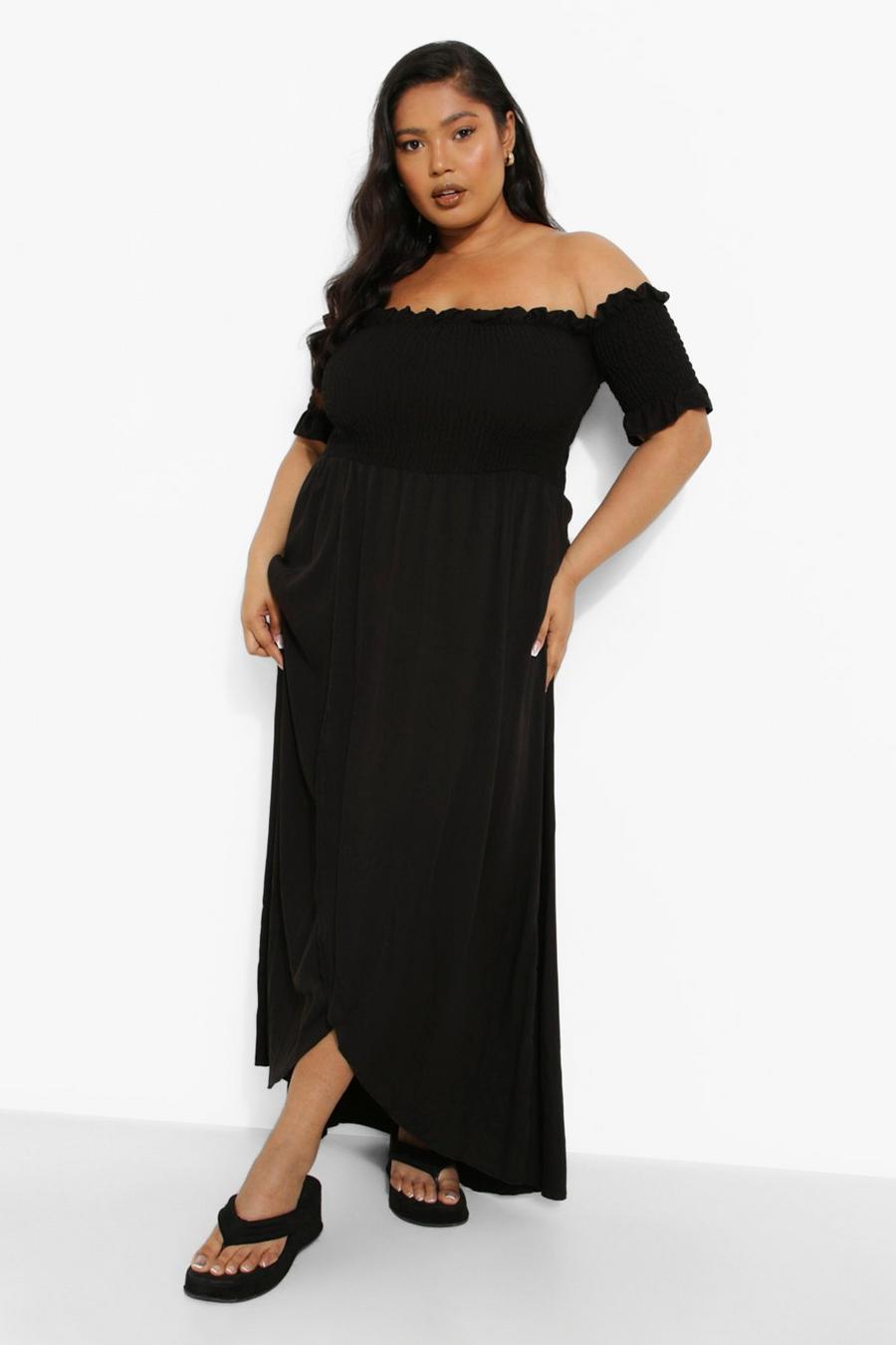 Black Plus Off The Shoulder Shirred Wrap Maxi Dress image number 1