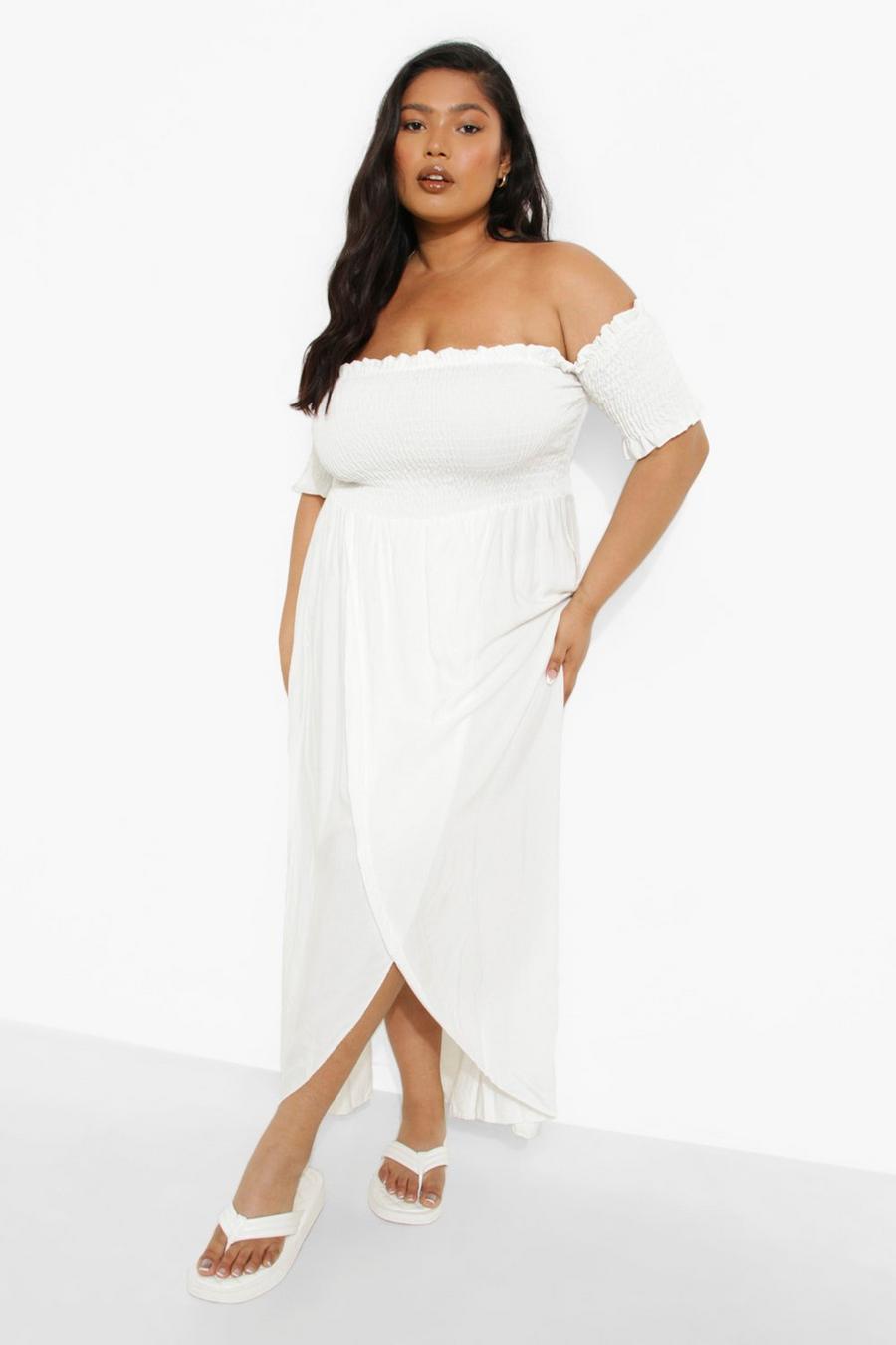 White Plus Off The Shoulder Shirred Wrap Maxi Dress image number 1