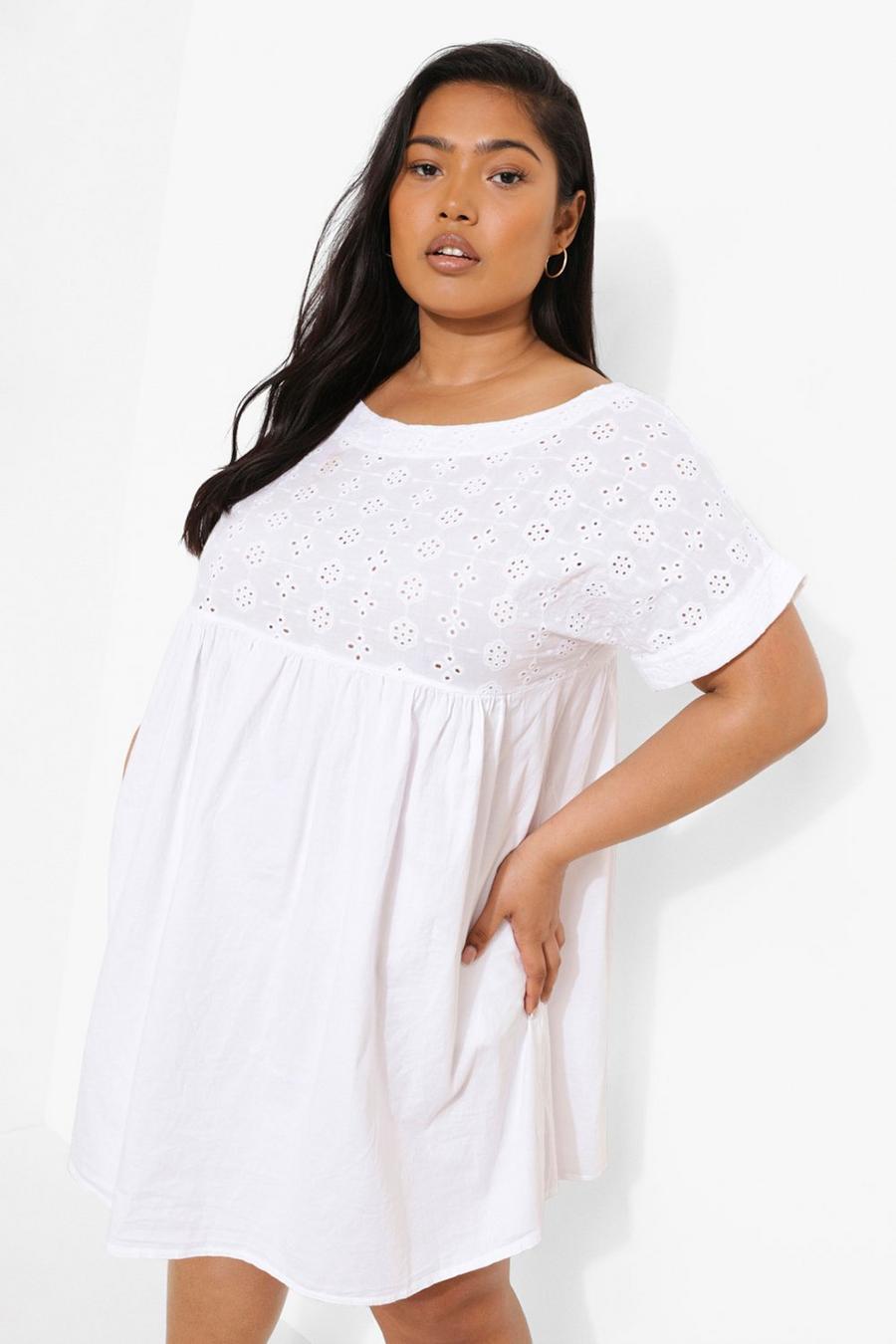 White Plus Broderie Oversized Smock Dress image number 1