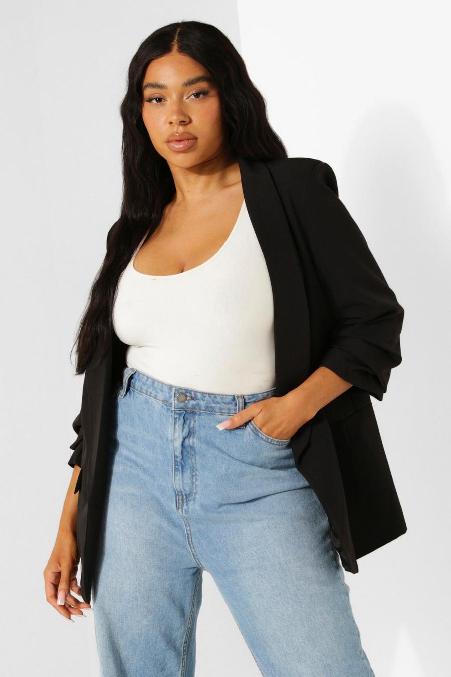 Black Plus Stretch Woven Ruched Sleeve Blazer image number 1