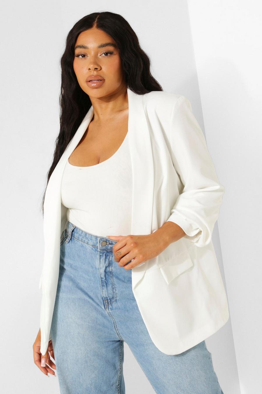 Ivory Plus Stretch Woven Ruched Sleeve Blazer image number 1