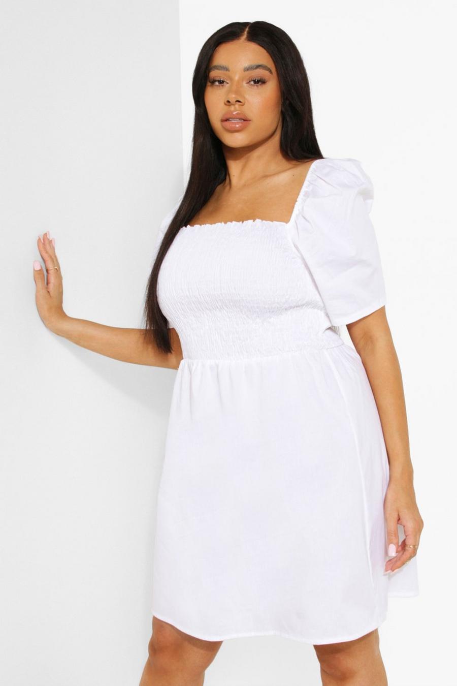 Plus Off-Shoulder Skater-Kleid aus Baumwolle, White image number 1