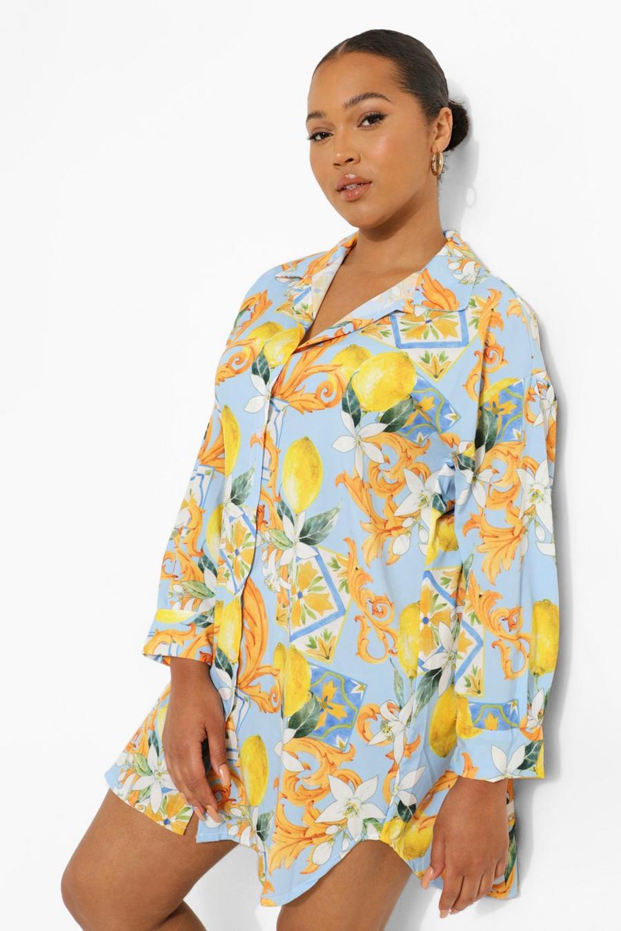 Vestito camicia Plus size in fantasia con frutta e motivi geometrici, Blue image number 1