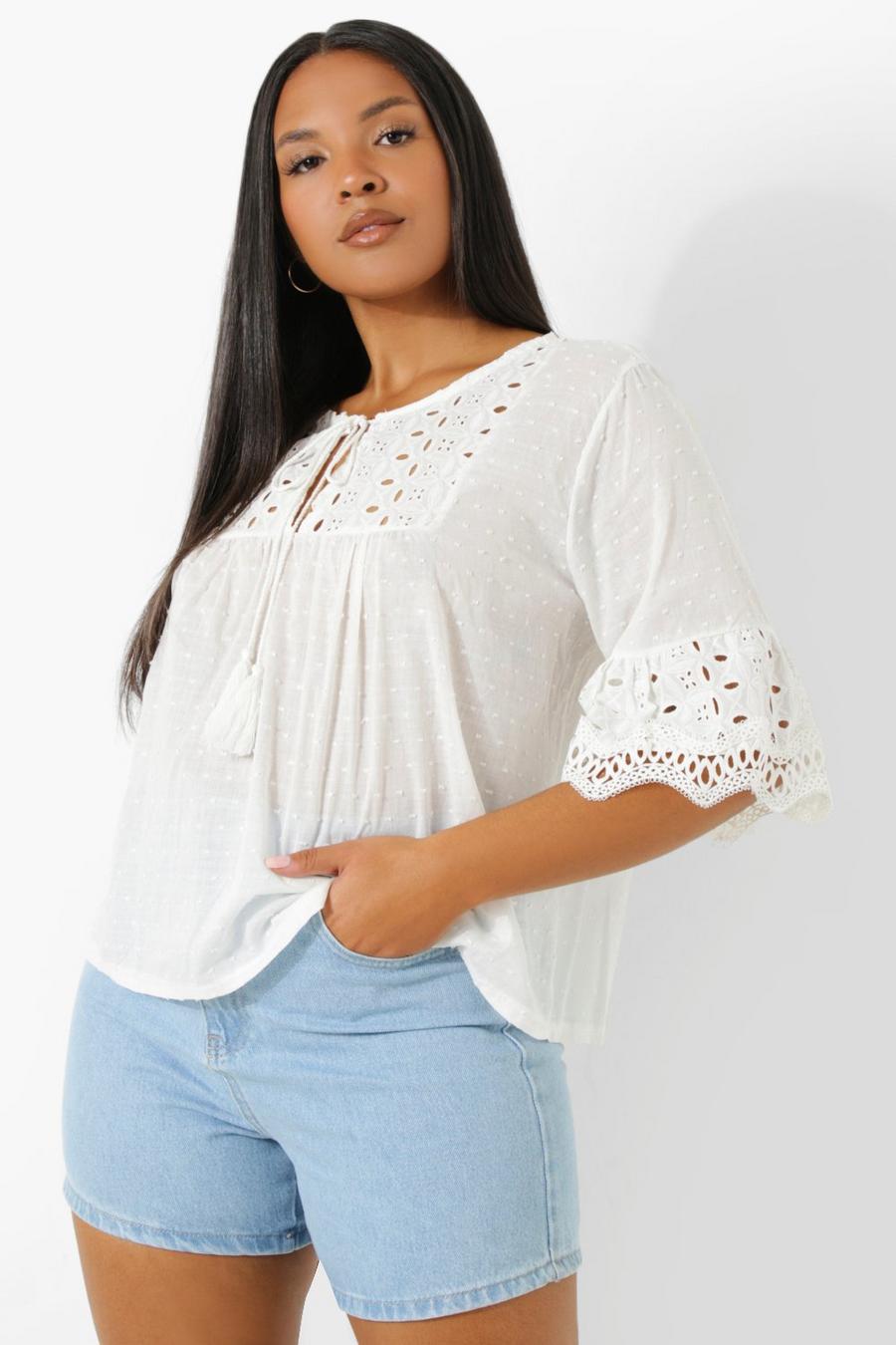 White Plus Tassel Broderie Anglaise Tunic Top image number 1