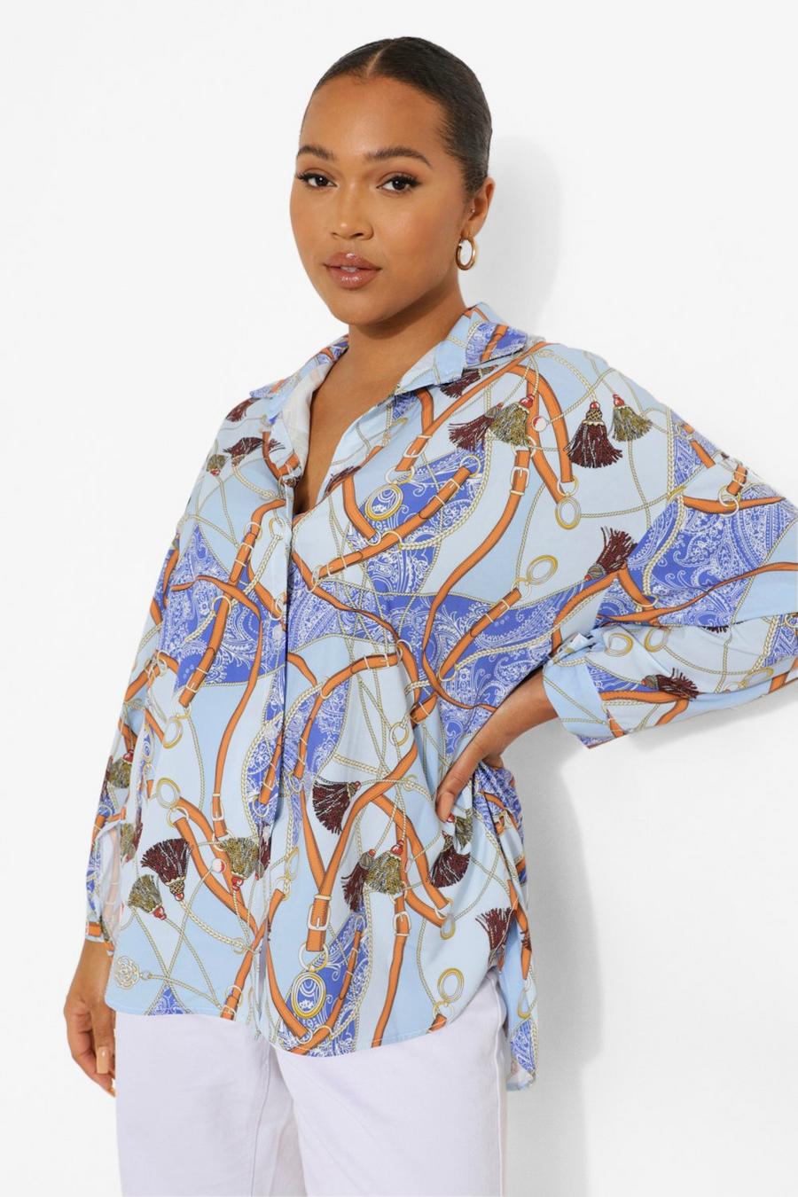 Blue Plus Chain Print Oversized Shirt image number 1