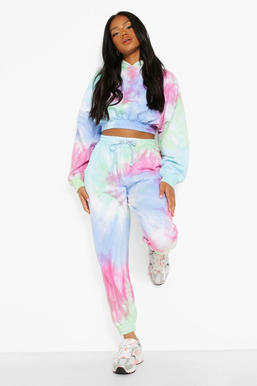 Blue Petite Tie Dye Crop Oversized Hoodie image number 1