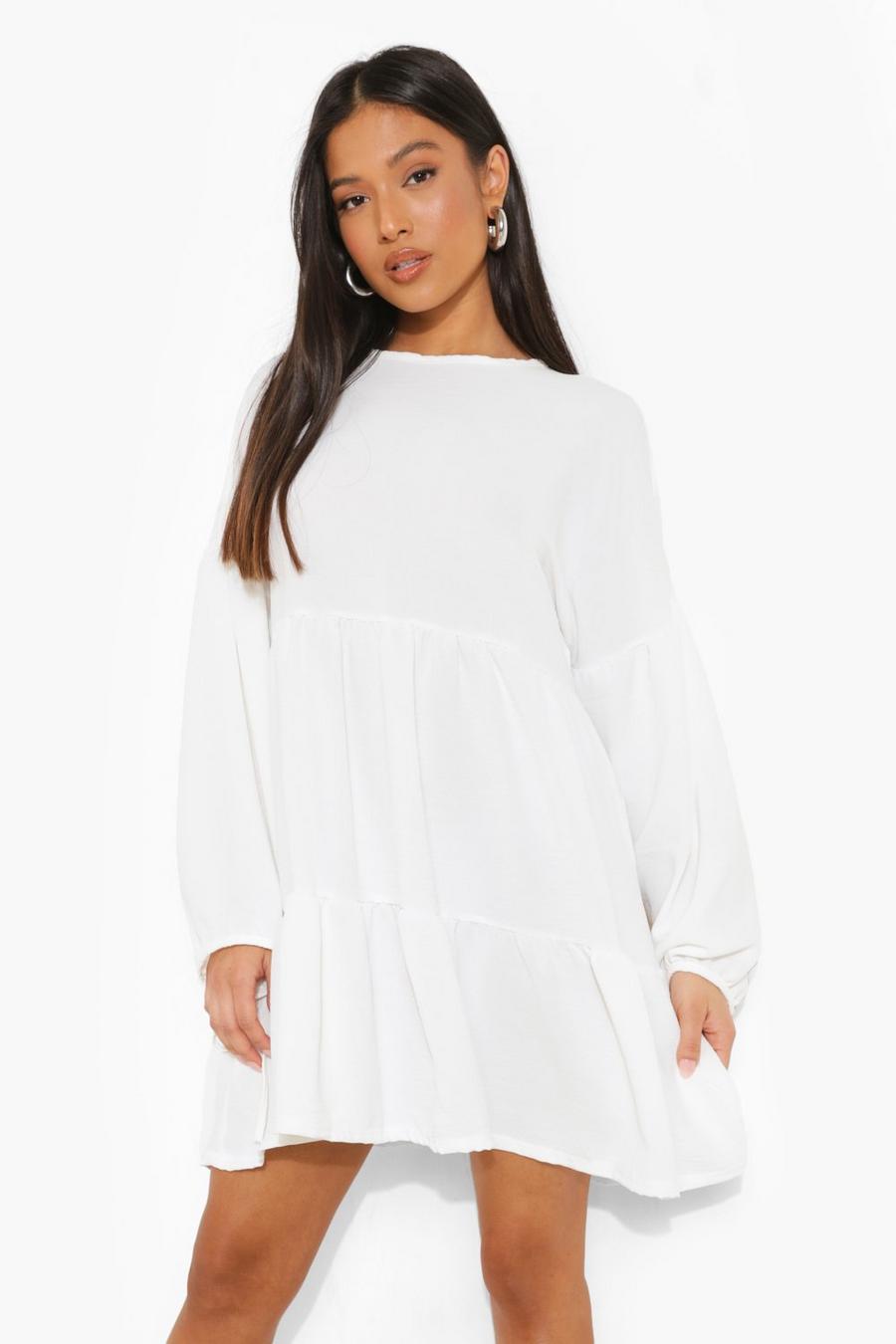 White Petite Long Sleeve Smock Dress image number 1