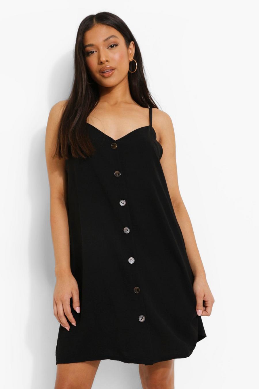 Black Petite Button Front Strappy Swing Dress image number 1
