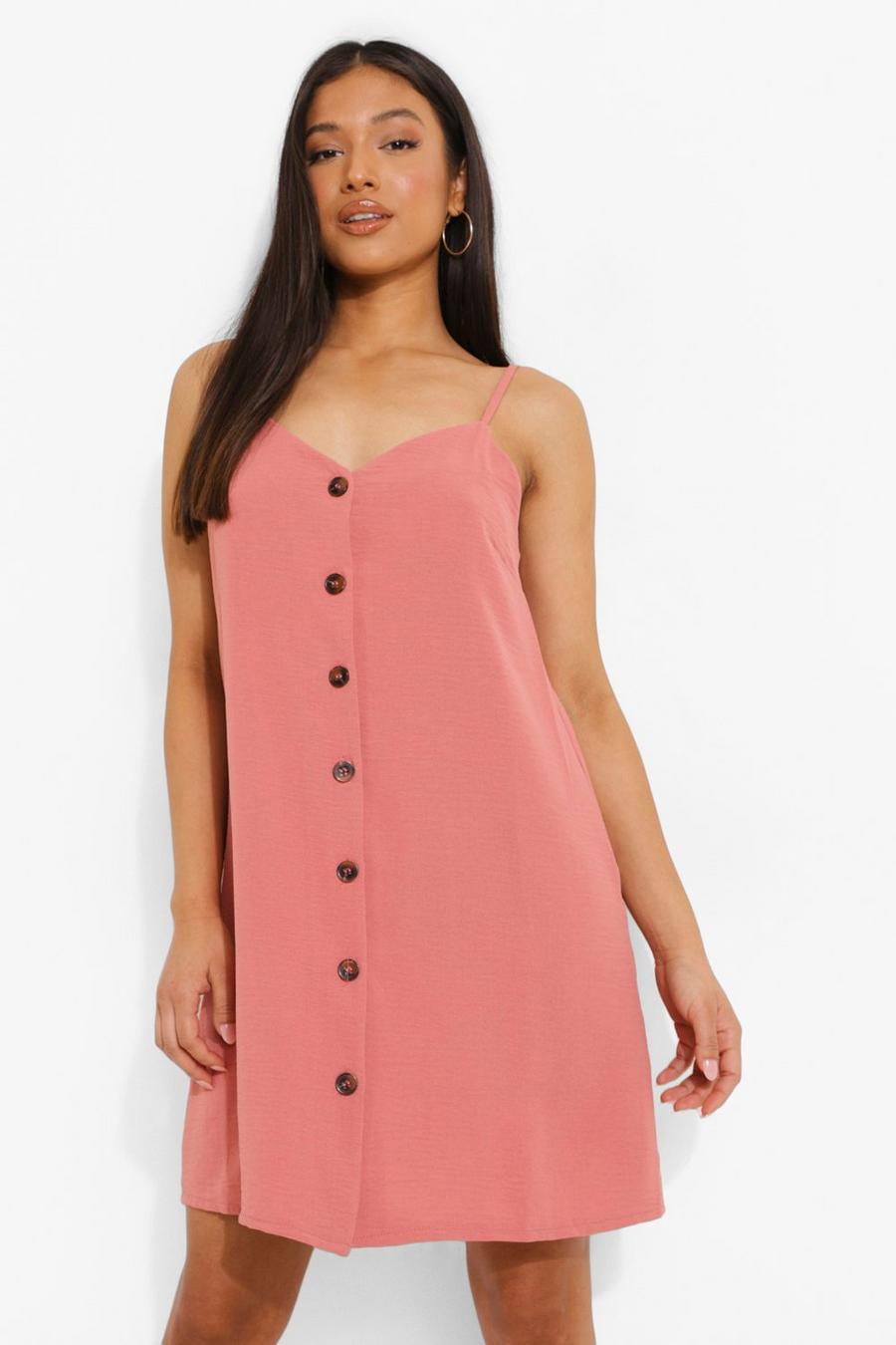 Blush rosa Petite Button Front Strappy Swing Dress