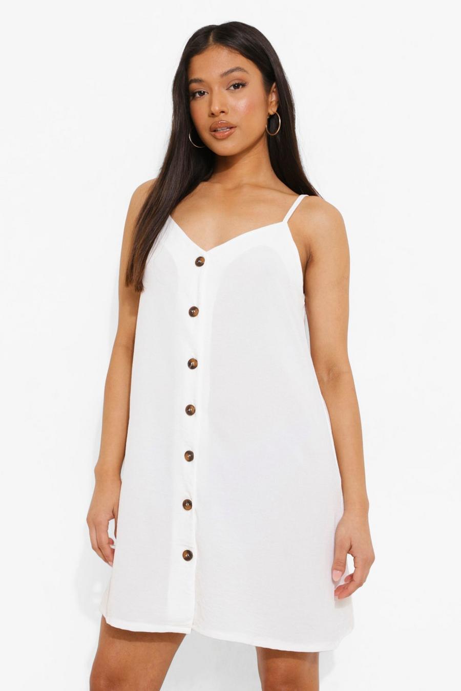 White Petite Button Front Strappy Swing Dress