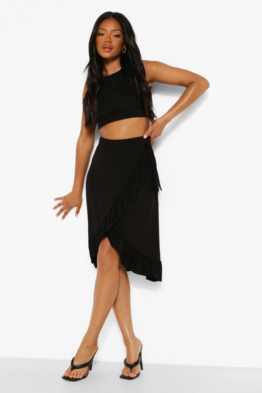 Black Petite Jersey Wrap Ruffle Midi Skirt image number 1