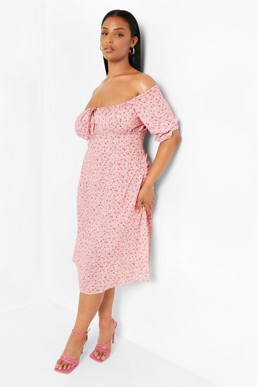 Pink Plus Floral Ruched Bust Midi Dress image number 1