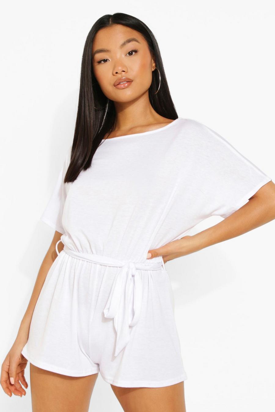 White Petite Batwing Belted Playsuit image number 1