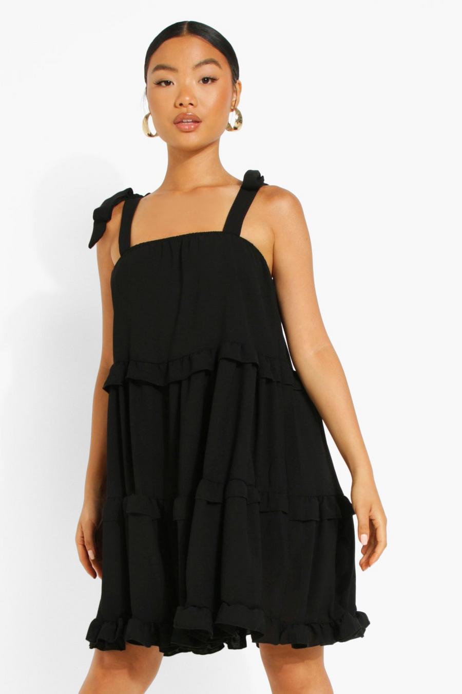 Black Petite Ruffle Tie Strap Smock Dress image number 1