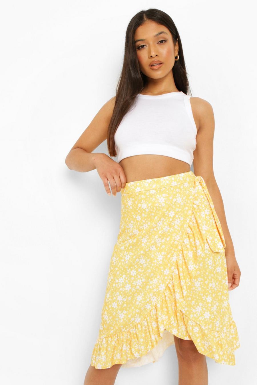 Yellow Petite Ditsy Floral Wrap Ruffle Midi Skirt image number 1