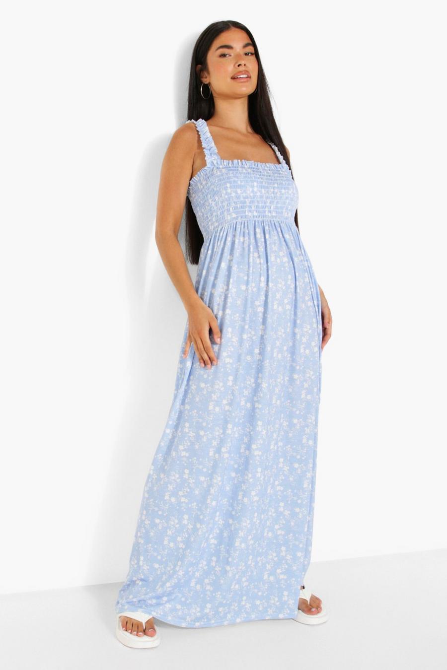 Blue Petite Floral Shirred Ruffle Strap Maxi Dress
