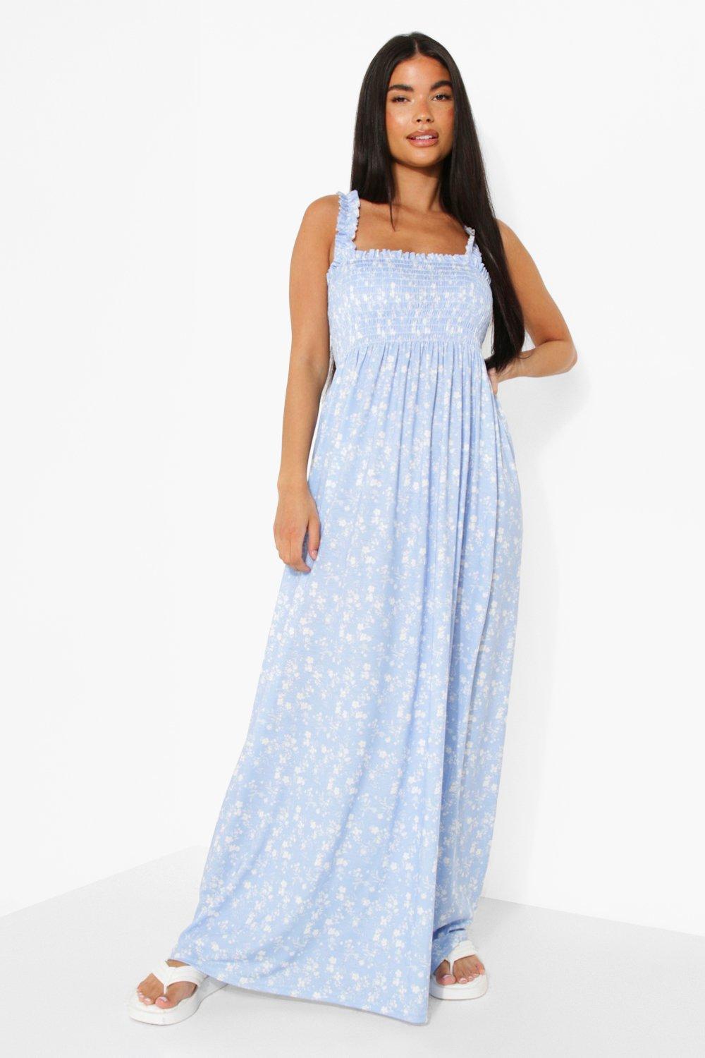 Petite Floral Shirred Ruffle Strap Maxi Dress