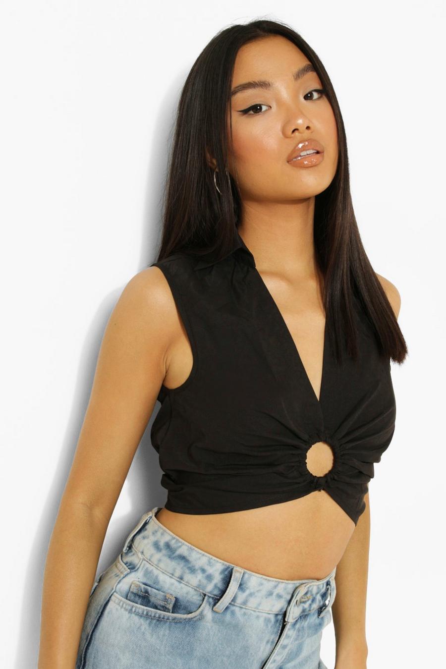 Black Petite O Ring Tie Back Woven Crop Top image number 1