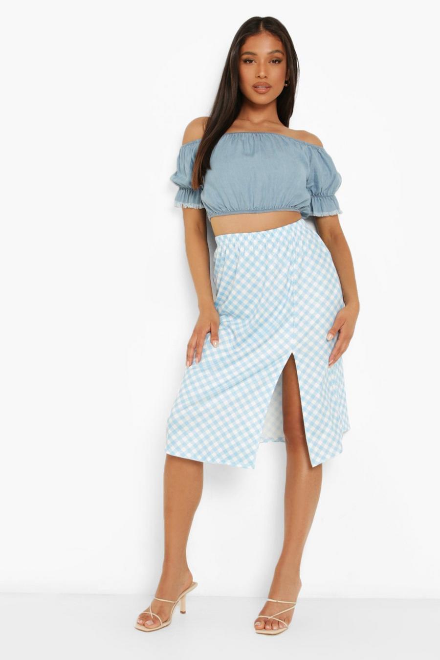 Blue Petite Gingham Side Split Midi Skirt
