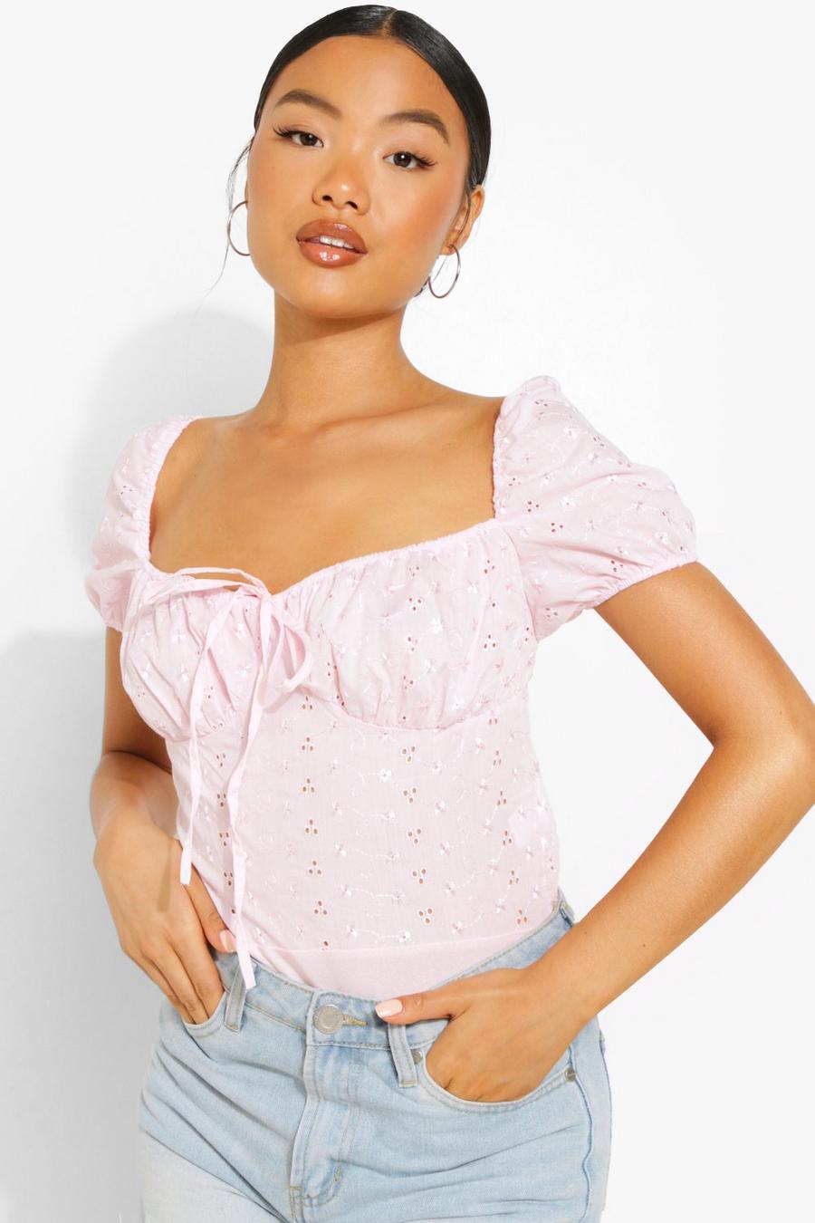 Light pink Petite Woven Puff Sleeve Tie Front Bodysuit image number 1
