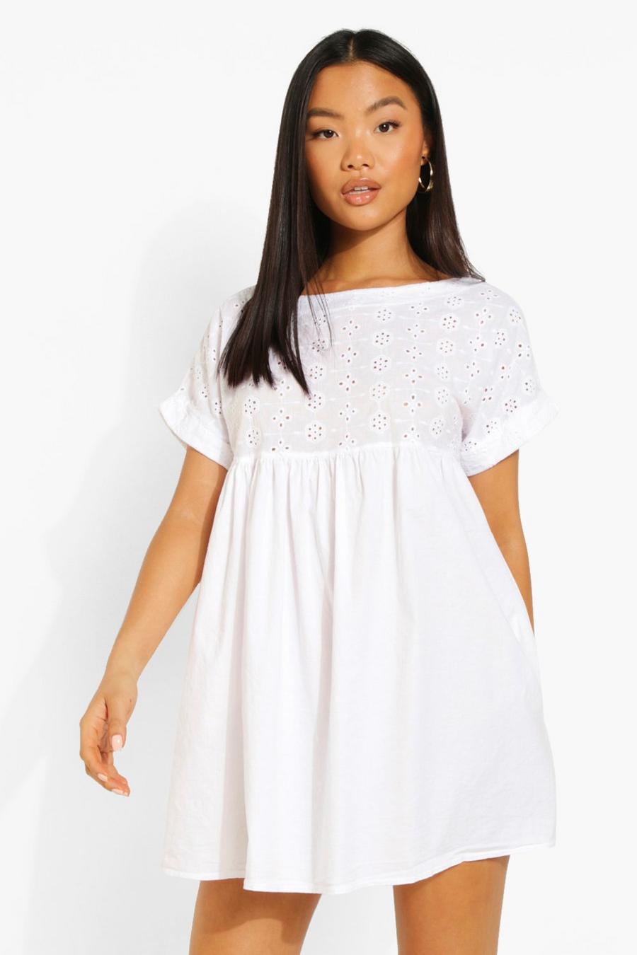 White Petite Broderie Smock Dress image number 1