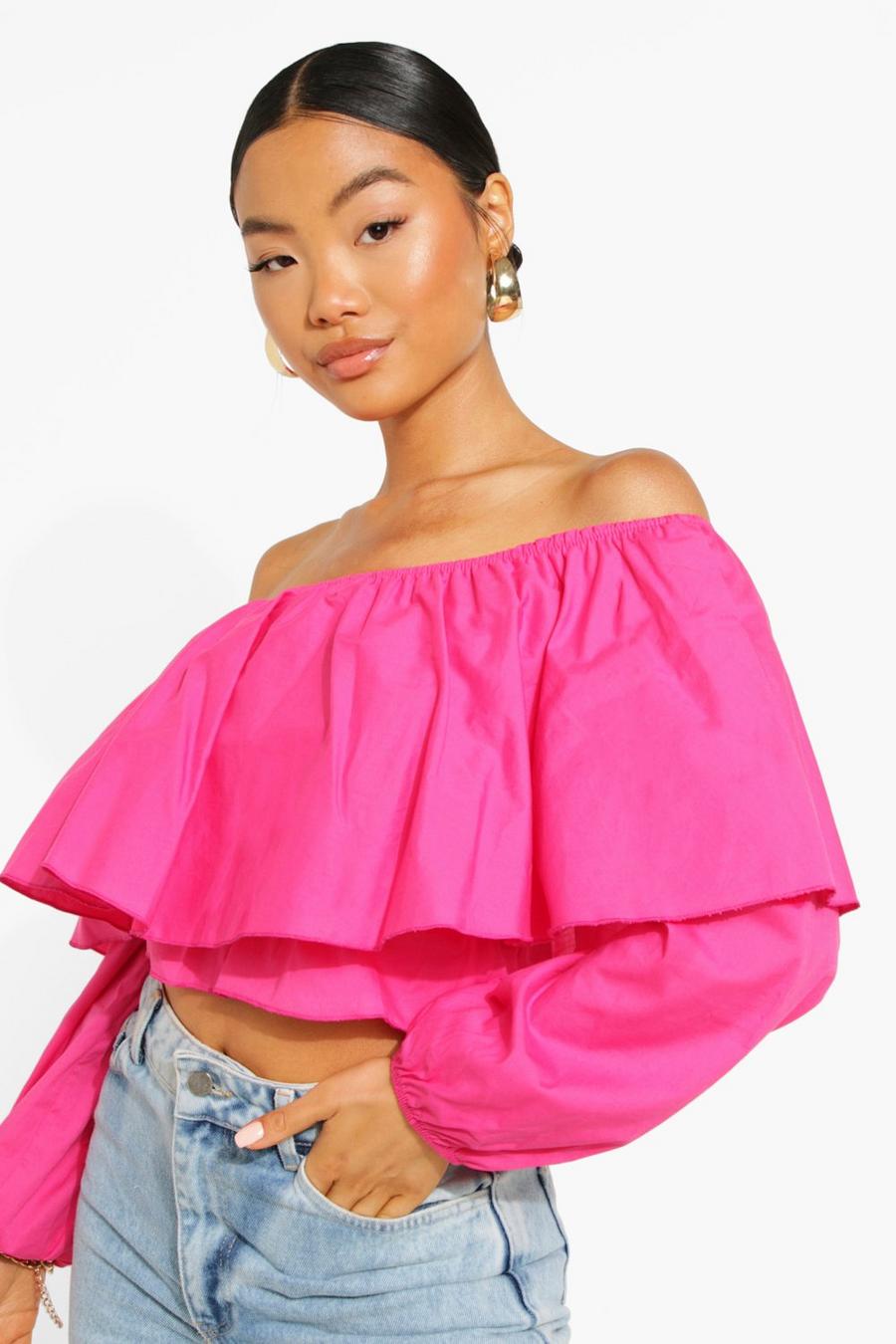 Hot pink Petite Oversized Ruffle Crop Top image number 1