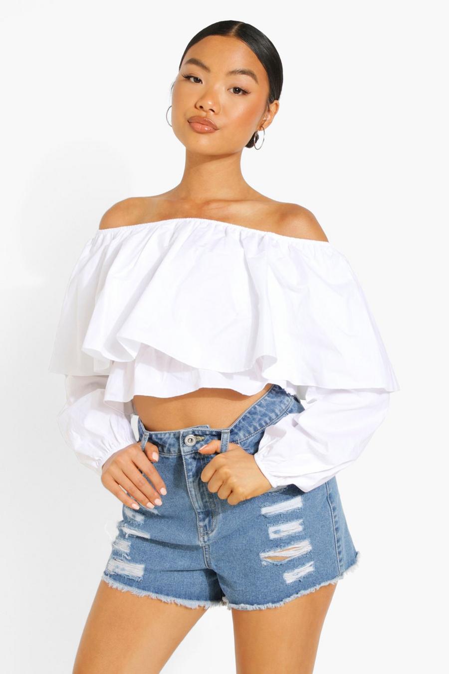 White Petite Oversized Ruffle Crop Top image number 1