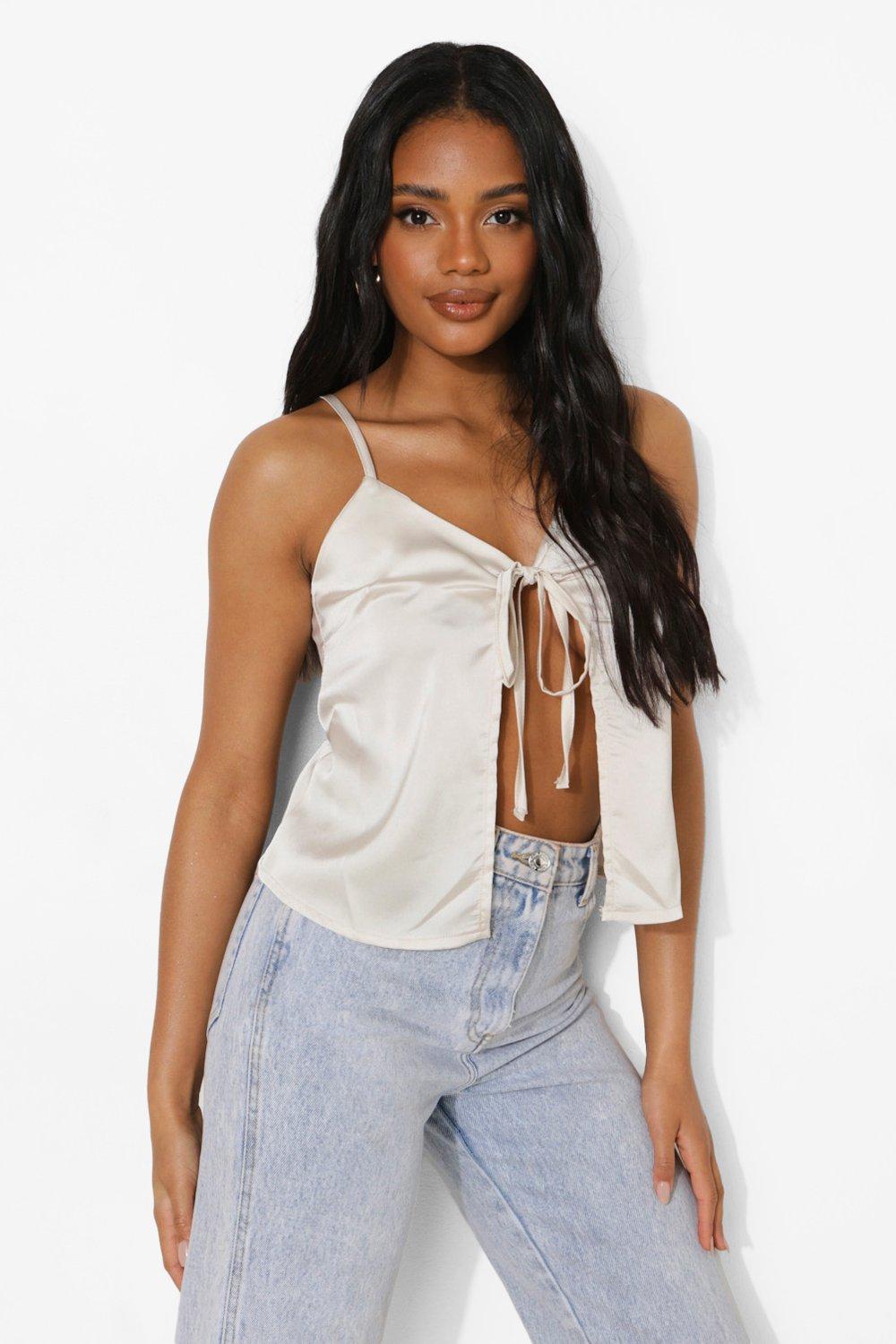 White Satin Cami Tie Front Crop Top