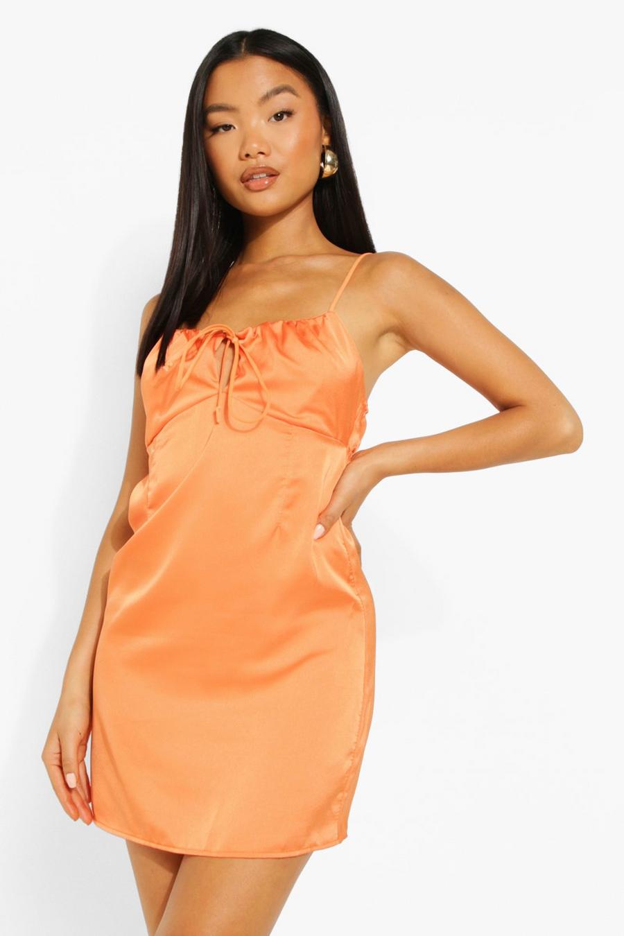 Orange Petite Ruched Bust Satin Mini Dress image number 1