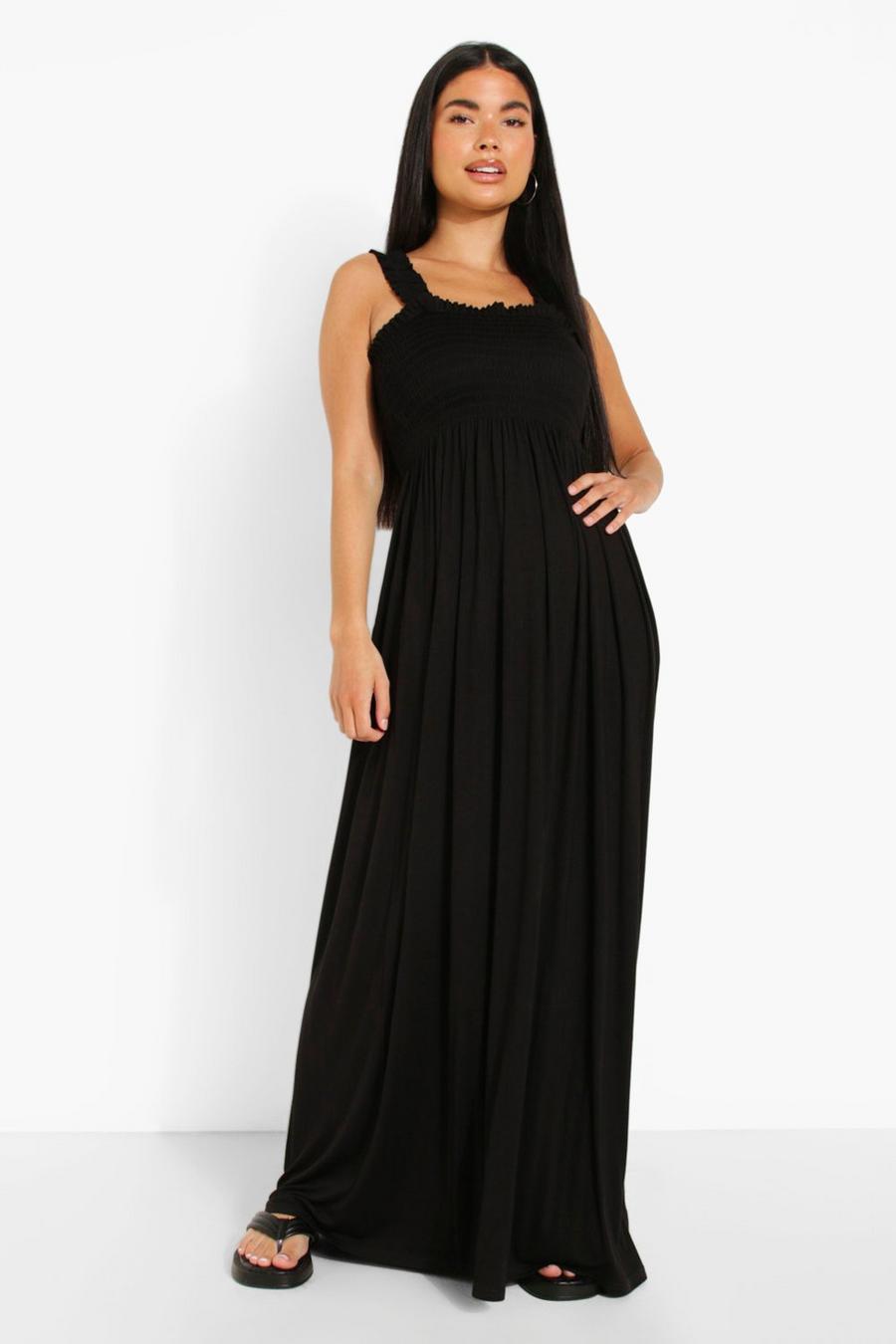 Black Petite Shirred Ruffle Strap Maxi Dress