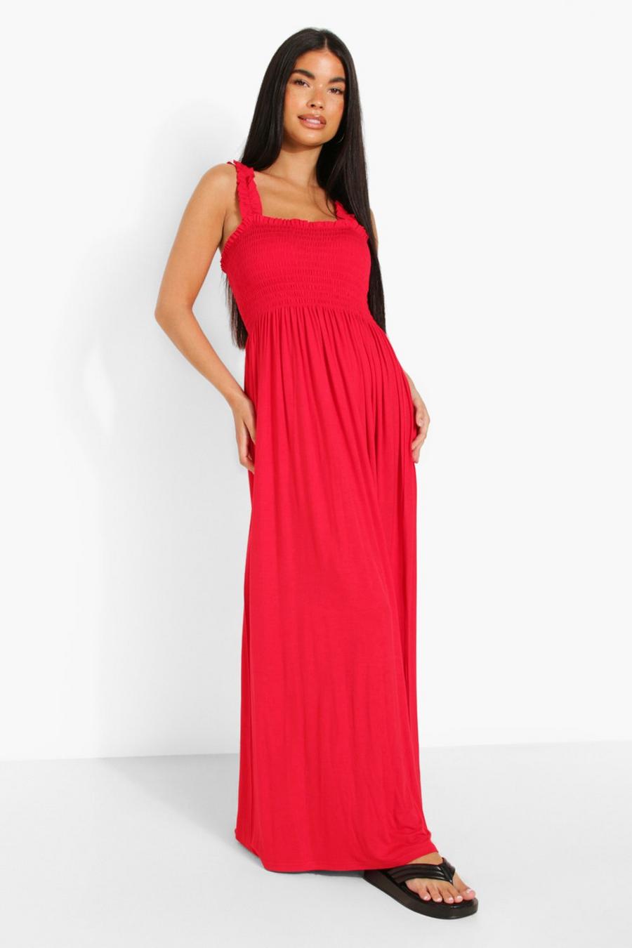 Red Petite Shirred Ruffle Strap Maxi Dress image number 1