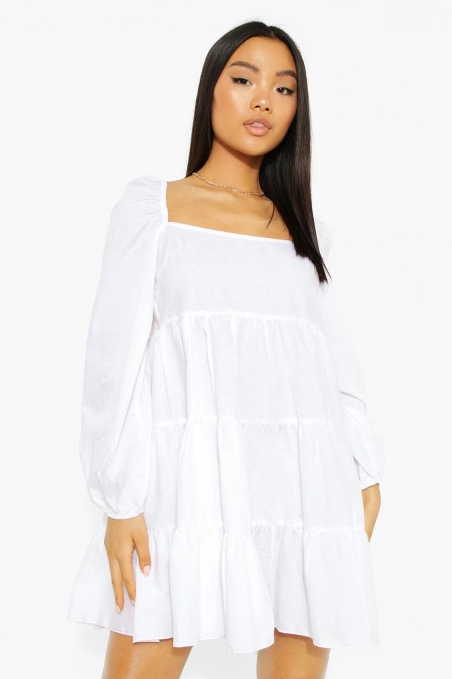 White Petite Puff Sleeve Tiered Smock Dress image number 1