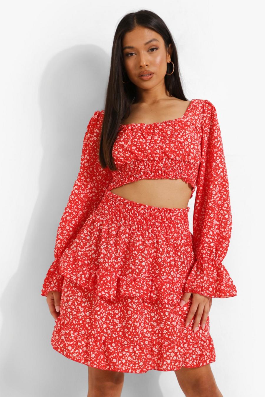 Red Petite Ditsy Print Ruffle Two-Piece image number 1