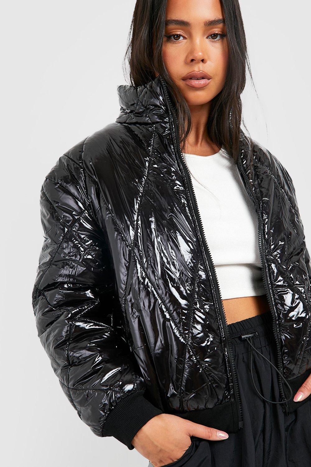 Shiny black shop cropped puffer coat