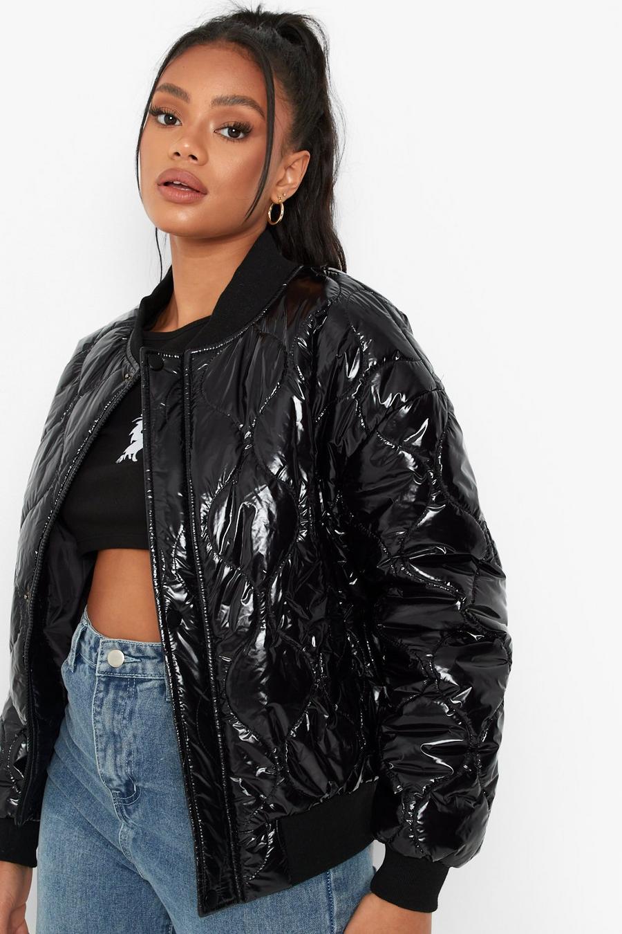 Black Petite High Shine Quilted Bomber Jacket