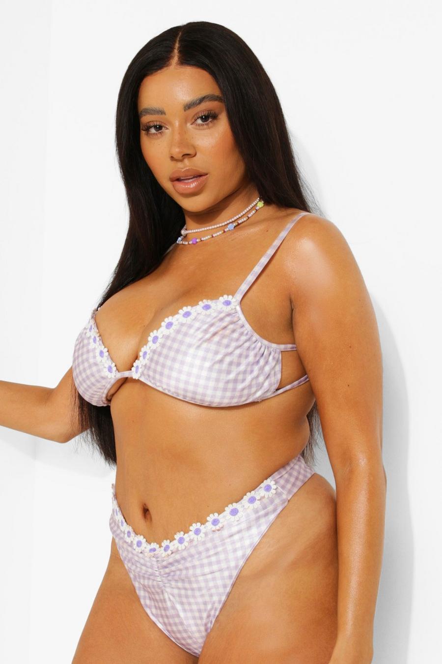 Lilac Plus Gingham Bikini Setje Met Bloemen Zoom image number 1