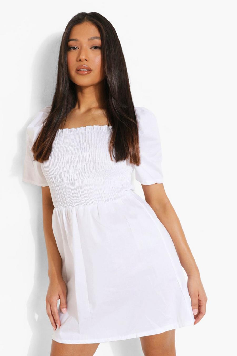 White Petite Cotton Puff Sleeve Skater Dress image number 1