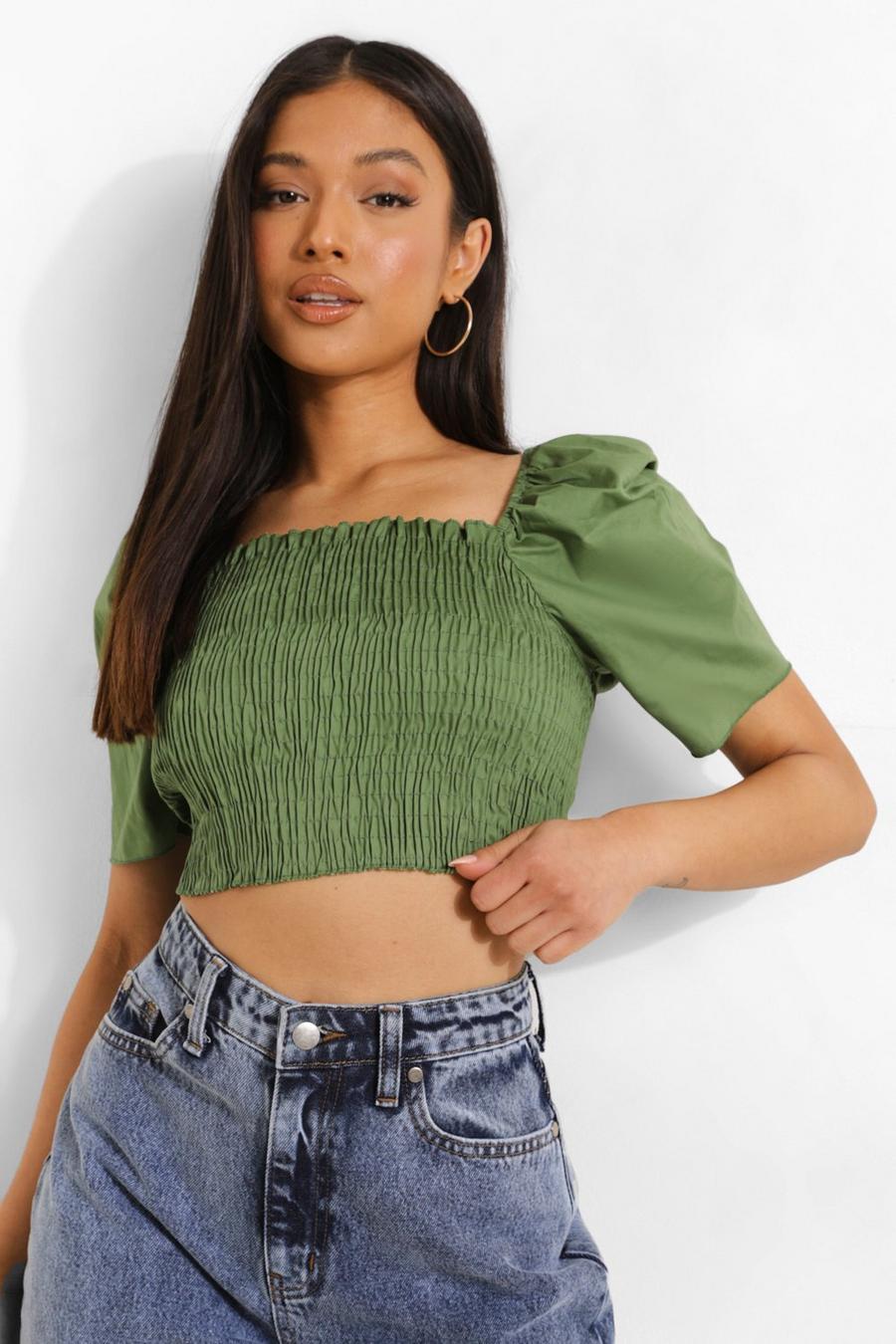 Green Petite Cotton Puff Sleeve Crop Top image number 1