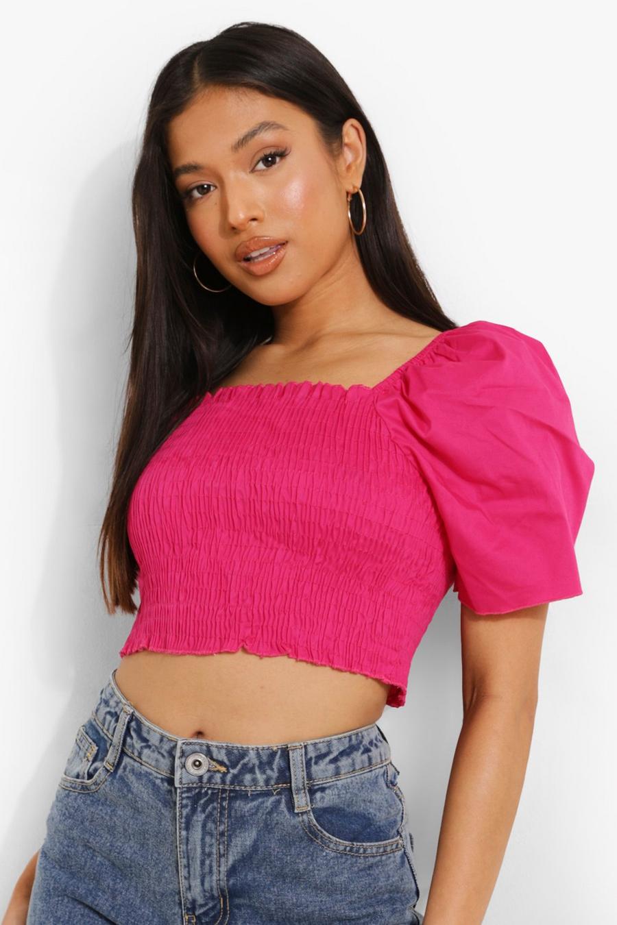 Pink Petite Cotton Puff Sleeve Crop Top image number 1