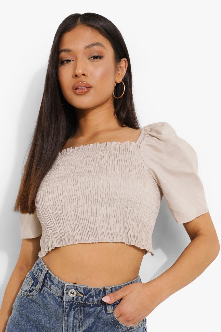 Stone Petite Cotton Puff Sleeve Crop Top image number 1