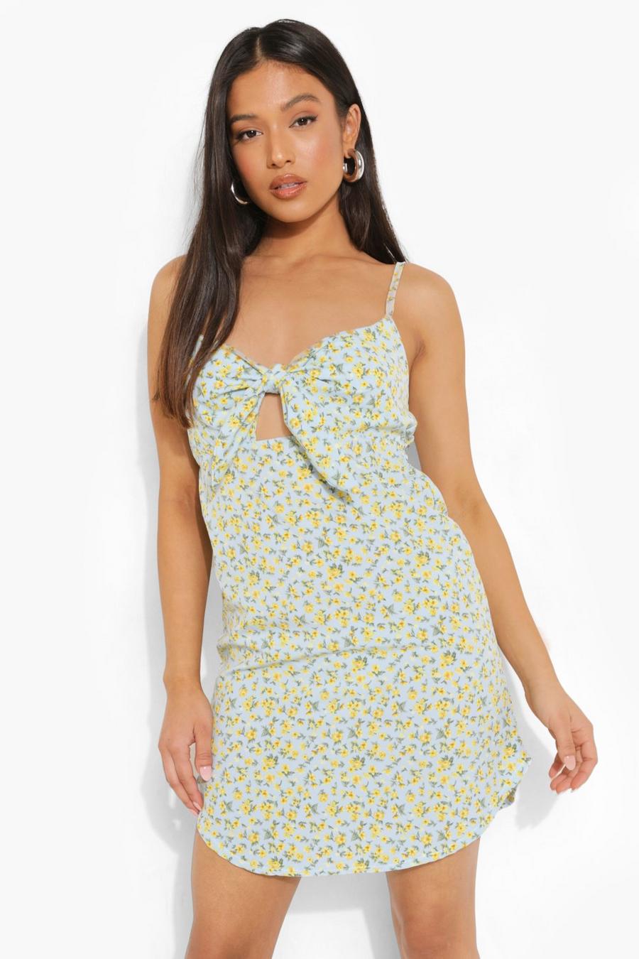Yellow Petite Ditsy Tie Front Swing Dress image number 1