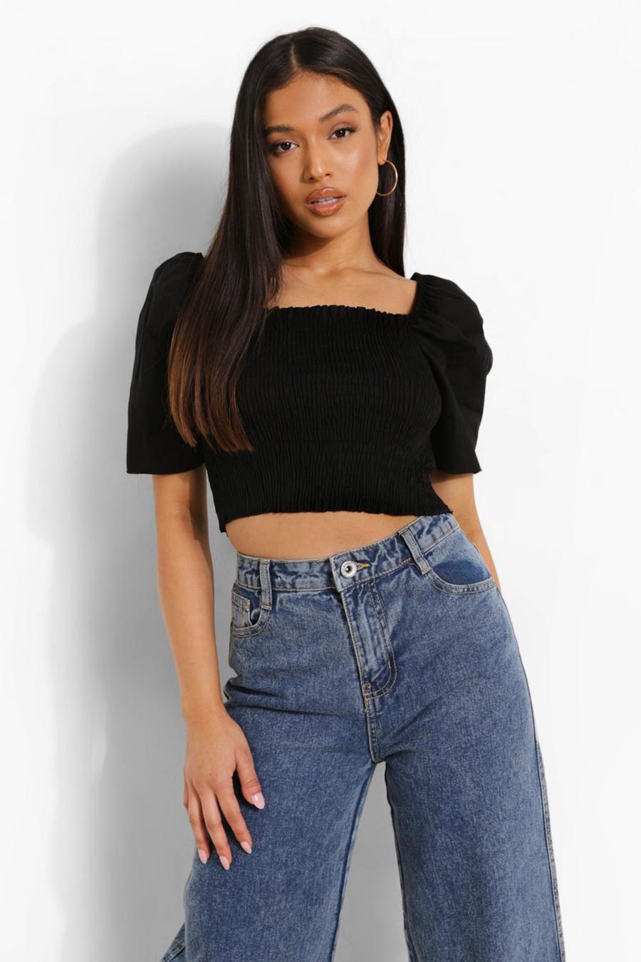 Black Petite Cotton Puff Sleeve Shirred Crop Top image number 1