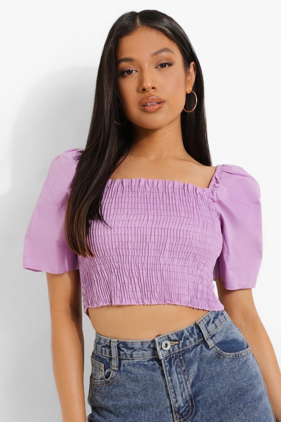 Lilac Petite Cotton Puff Sleeve Shirred Crop Top image number 1