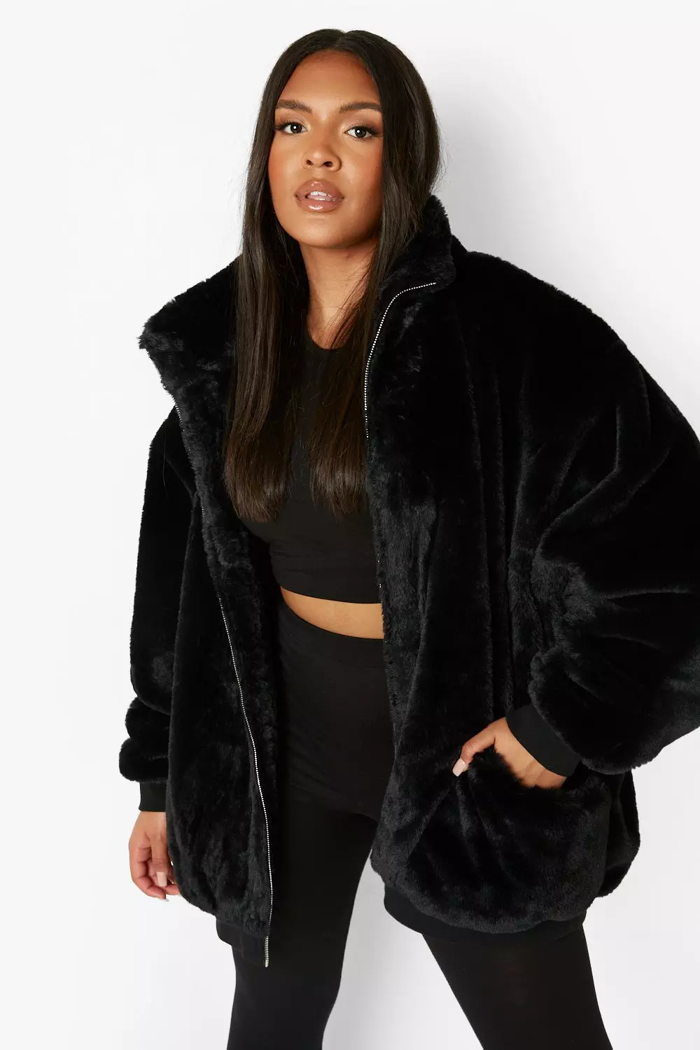 Oversized faux fur hooded jacket best sale