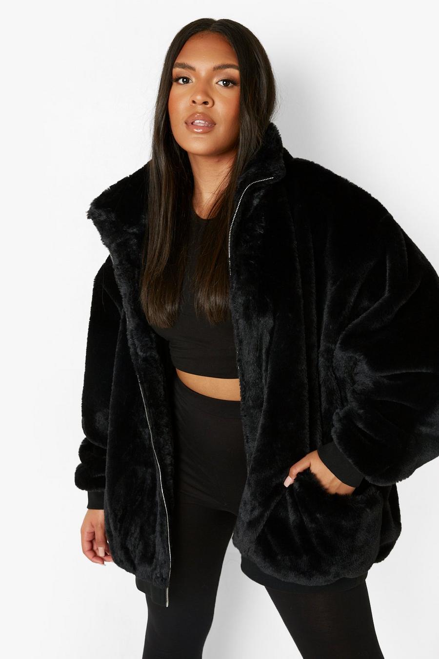 Black Plus Oversized Pocket Detail Faux Fur Jacket