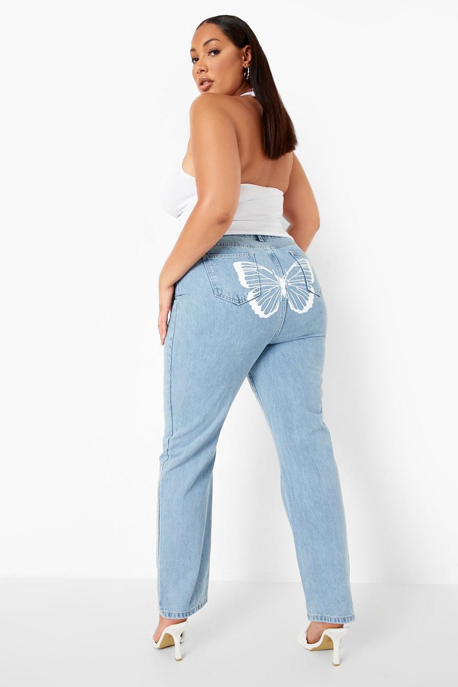 Light blue Plus Straight Leg Butterfly Back Print Jeans image number 1
