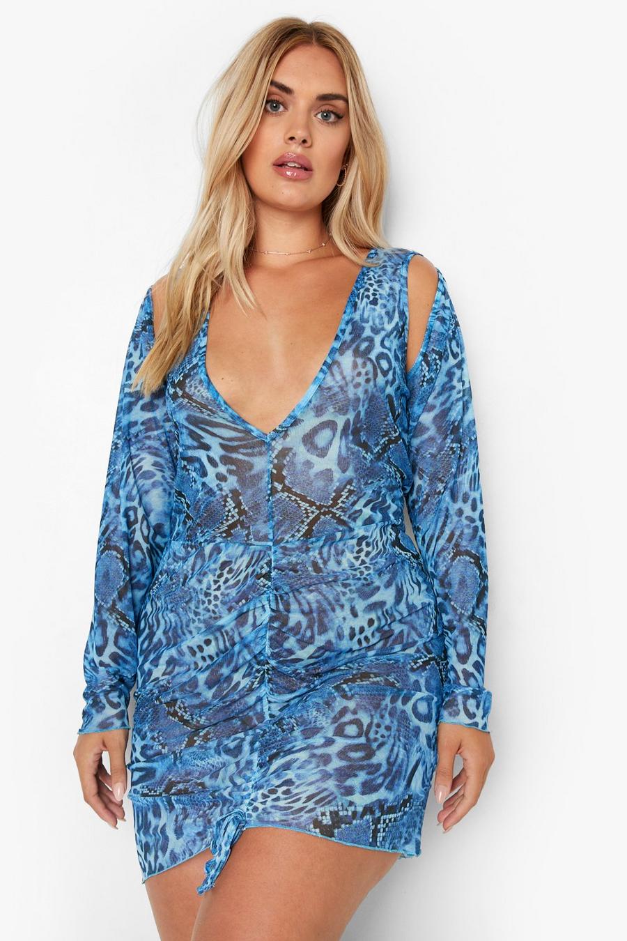 Blue Plus Printed Cut Out Ruched Mini Dress image number 1