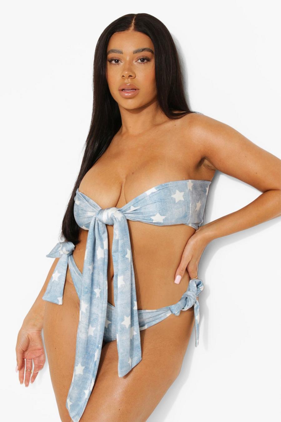 Bikini Plus Size con slip sgambato e top a fascia con scritta USA, Blue image number 1