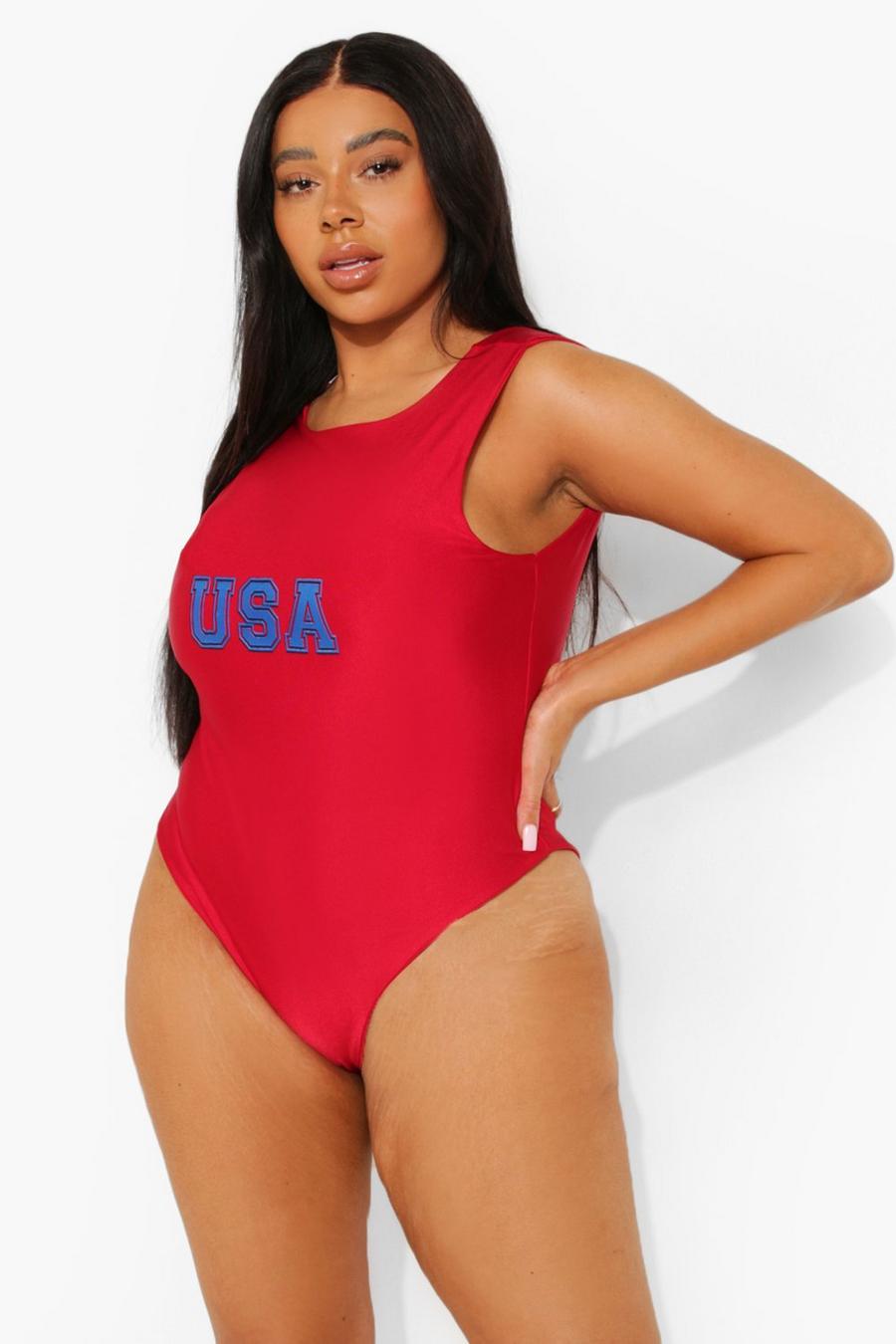 Plus Badeanzug mit USA-Slogan, Red image number 1
