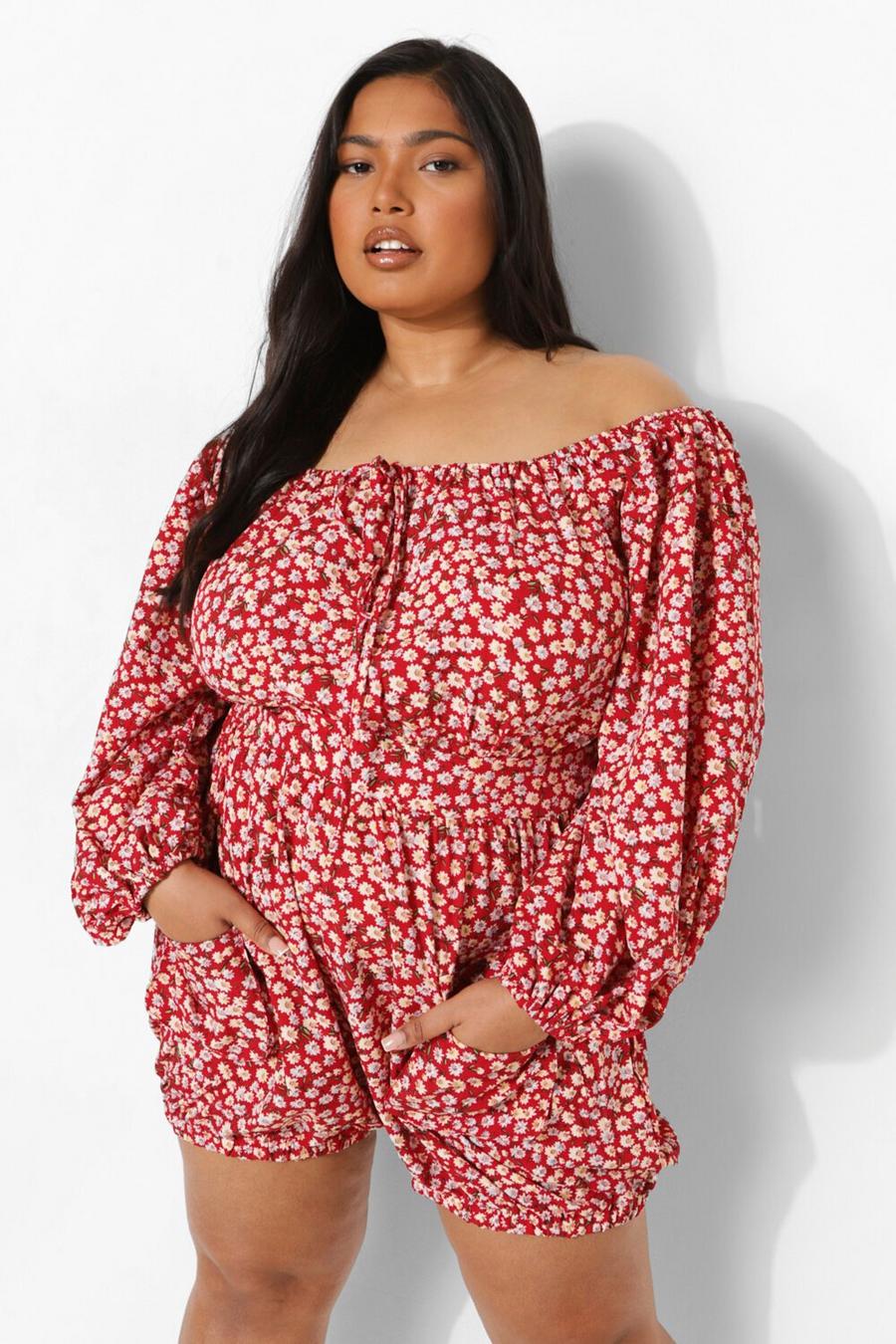 Red Plus Floral Bardot Utility Playsuit image number 1